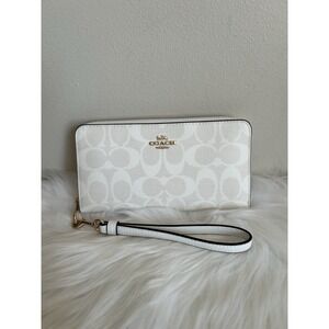 Coach C4452 Long Zip Around Wallet Signature Canvas Chalk Glacier White New